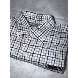 Peter Millar Button Down Shirt Mens Medium Blue Plaid EZGO Logo Long Sleeve